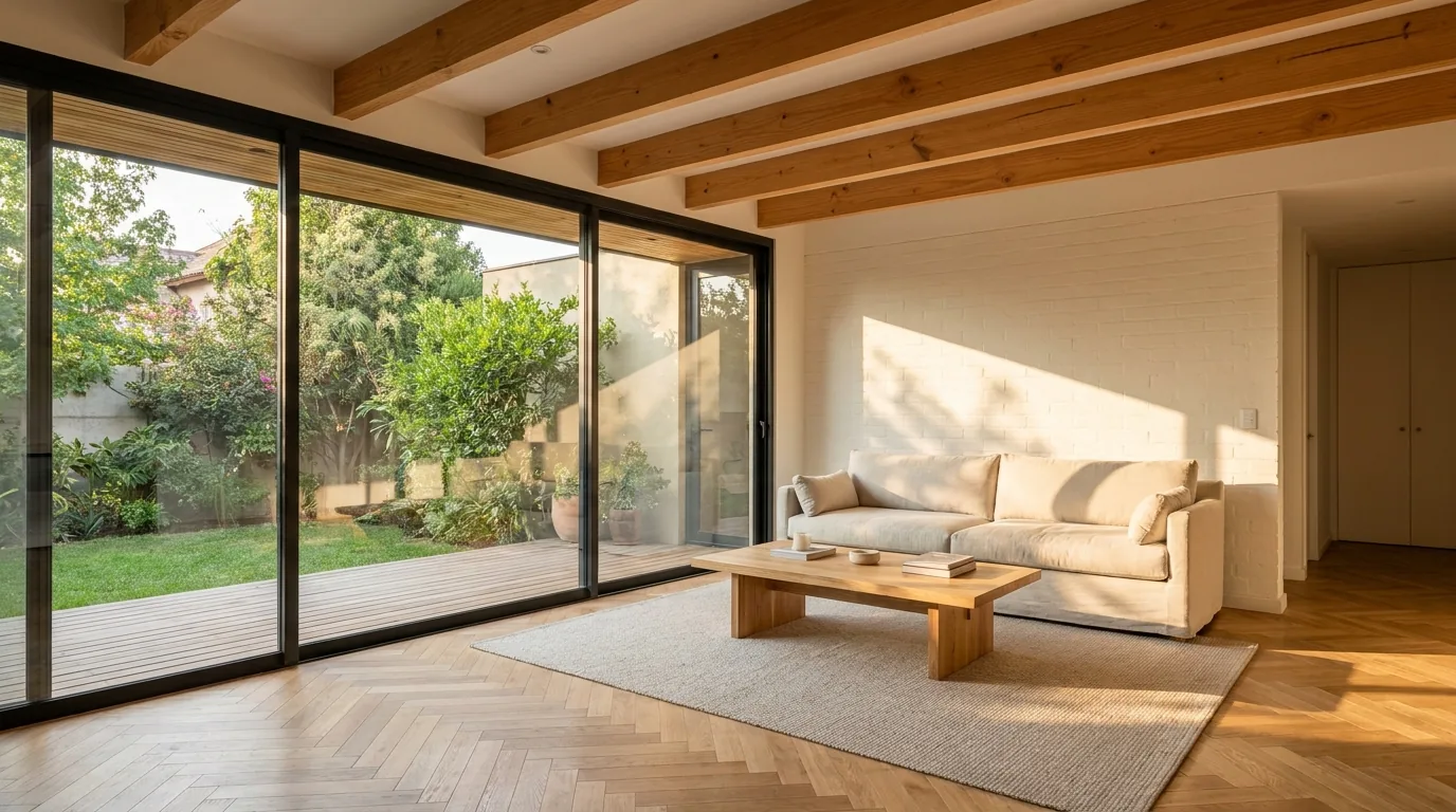 Living ampliado con ventanal y vigas de madera