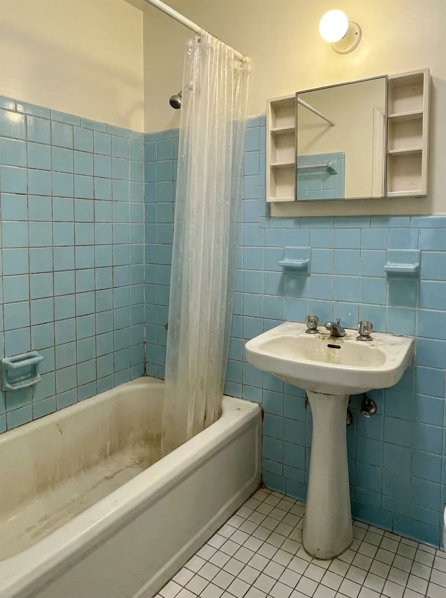 Baño antiguo con cerámica celeste y tina de fibra de vidrio
