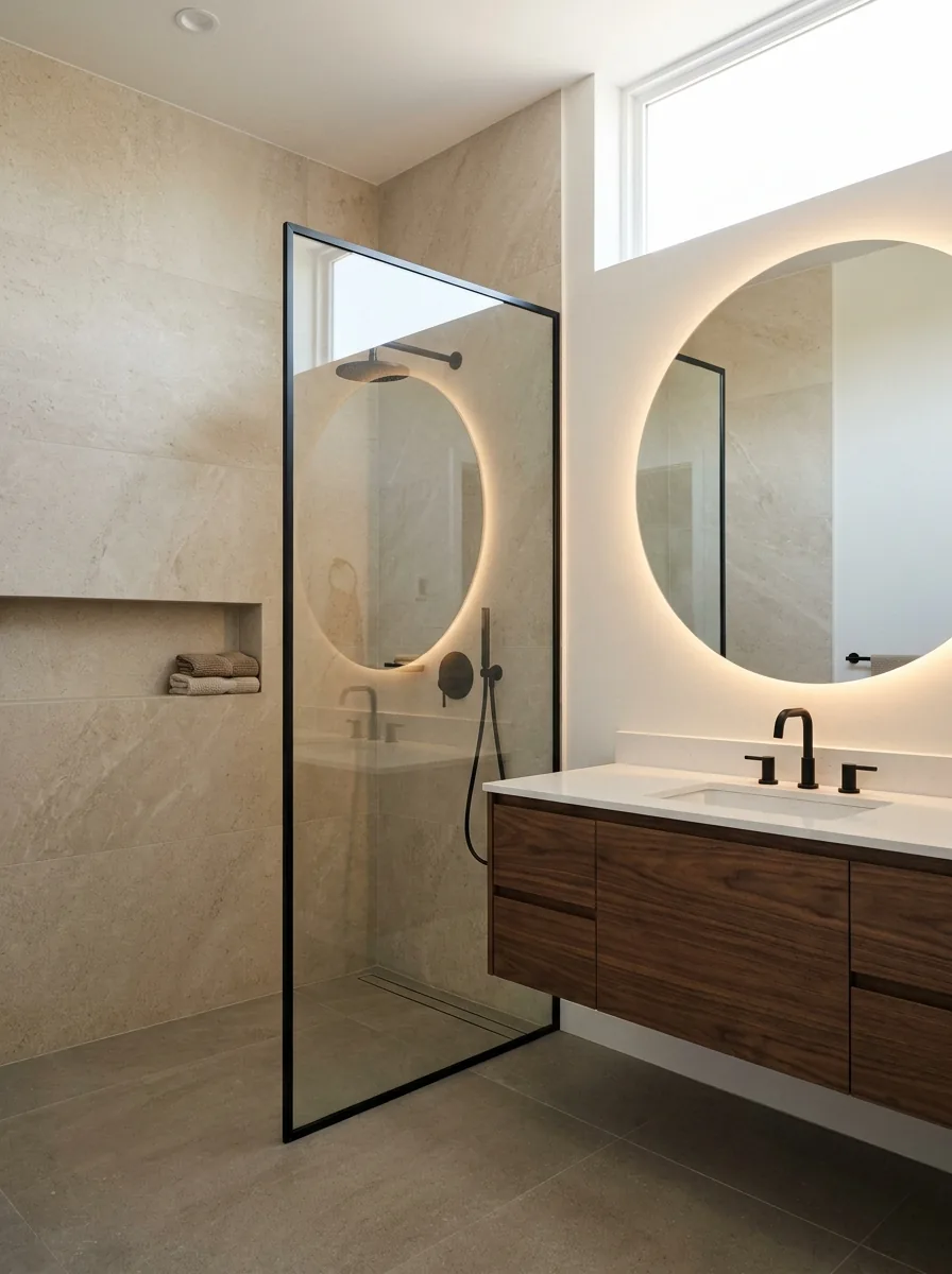 El mismo baño remodelado con porcelanato, mampara de vidrio y grifería negra