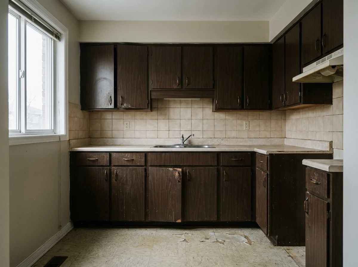 La misma cocina antes de remodelar, con muebles de melamina desgastados