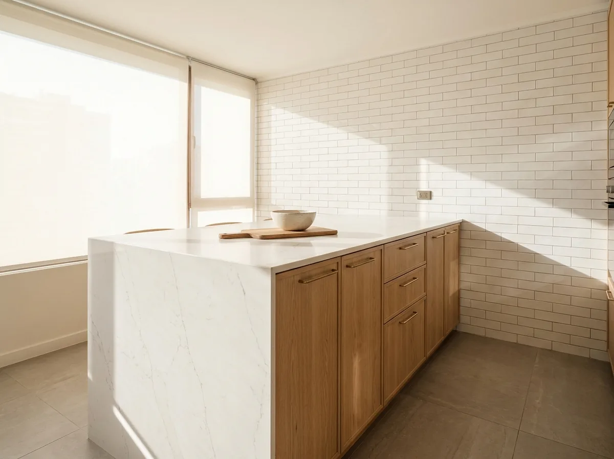 Cocina remodelada con isla de cuarzo blanco y muebles de roble claro